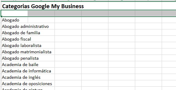 Listado en Excel de Categorias Google My Business